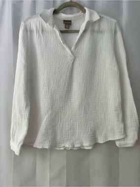 Chico's White M Size 1 Crinkle Gauze V-Neck Collared Long-Sleeve Shirt
